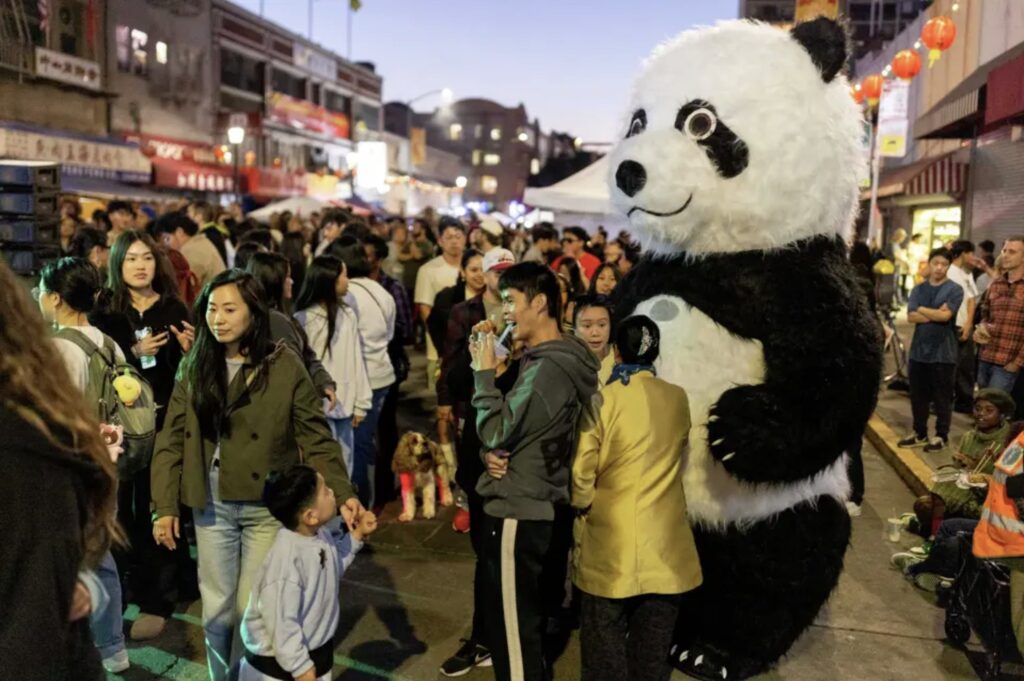 Mental Health Association for Chinese Communities Panda mascot at Oakland Chinatown Night Market