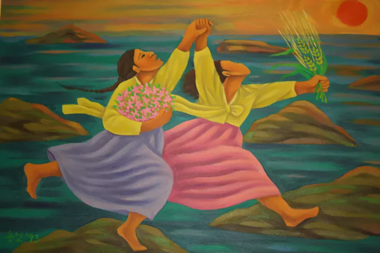 Painting by Yong Kim of two women leaping from stone to stone in the ocean while the sun sets
